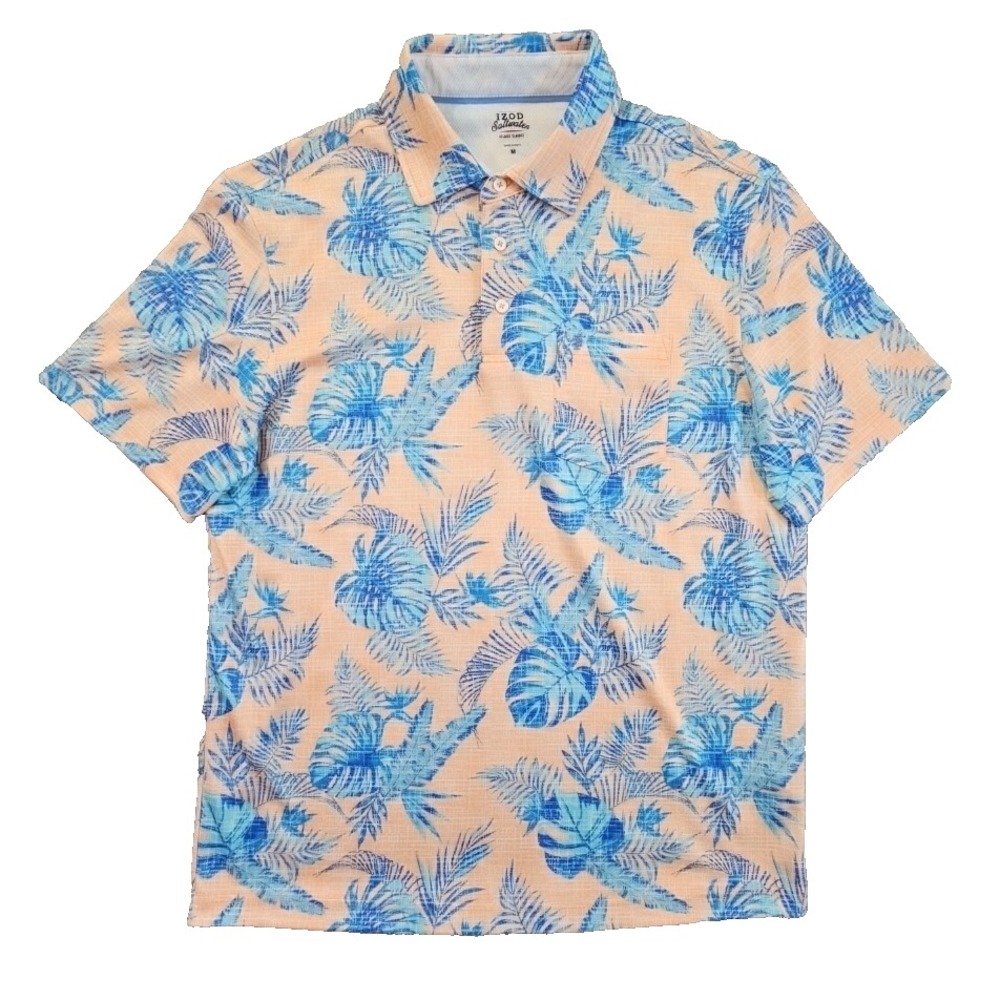 Izod Saltwater Palm Frond Shirt Mens M Peach Blue Button Up Short Sleeve EUC LN